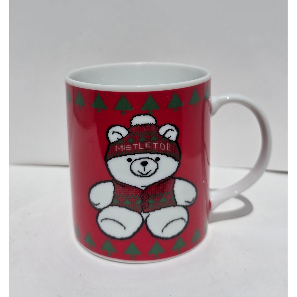 Vintage Marshall Fields Mistletoe Bear Christmas Mug Red Green Japan Ceramic